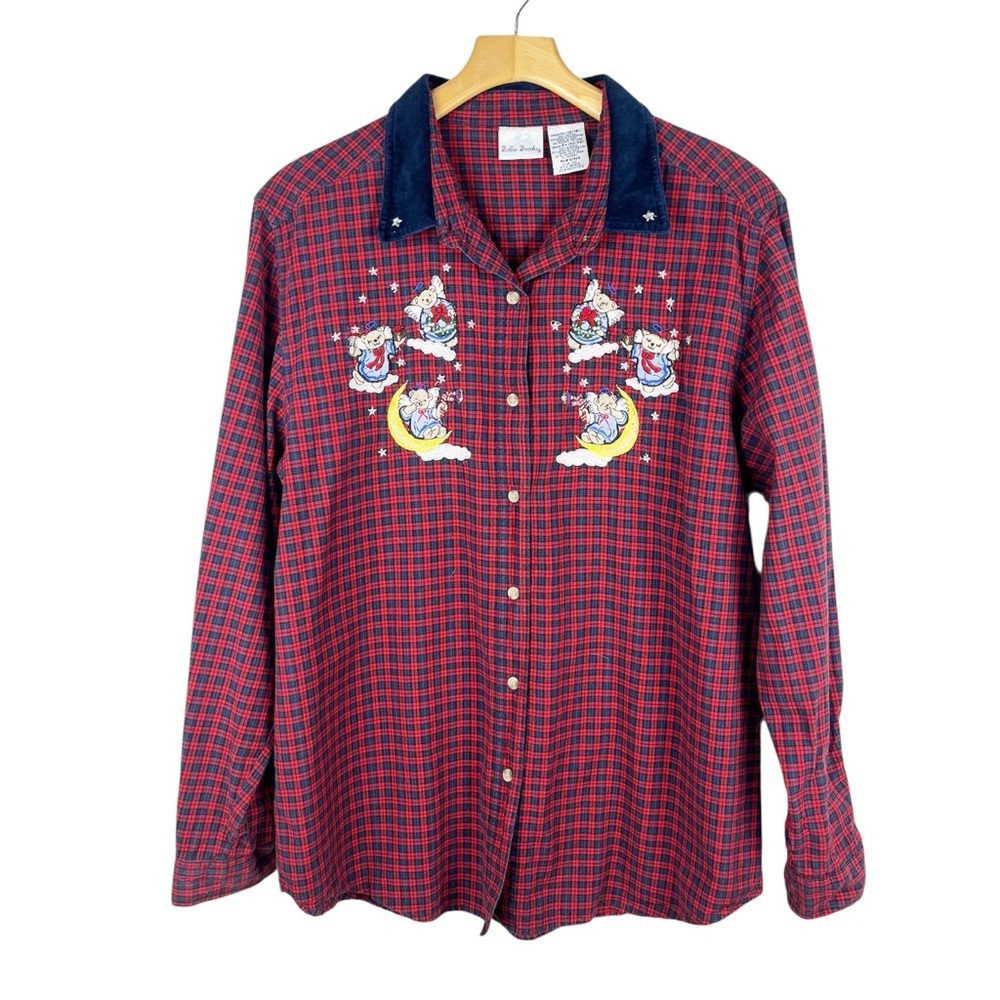 Vintage Bobbie Brooks Red Plaid Button Shirt Angel Bears Size XL